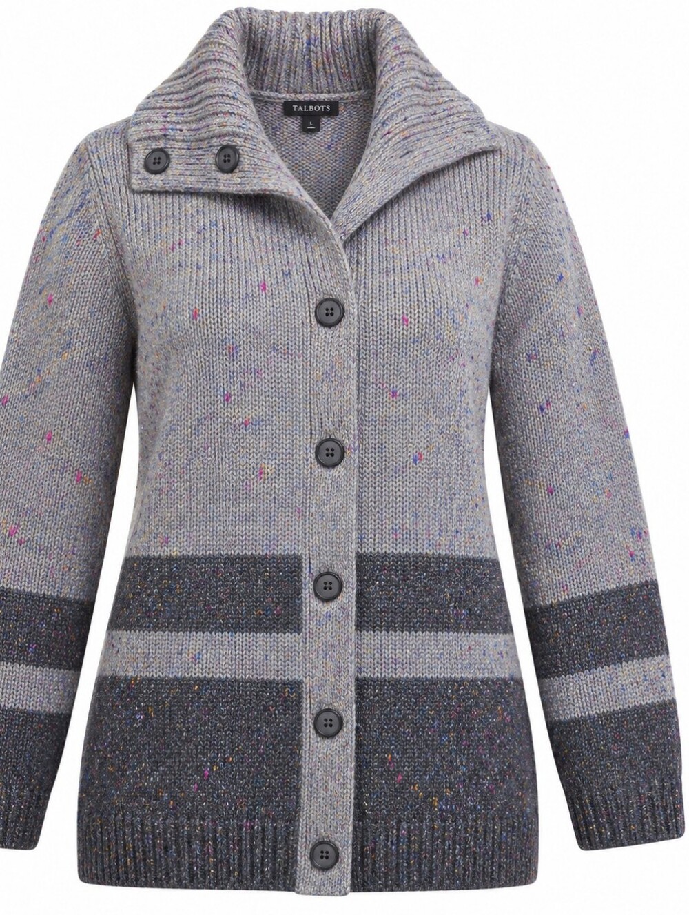 TALBOTS | Colorblock Gray Confetti Donegal Wool Blend Funnel Neck Cardigan | L